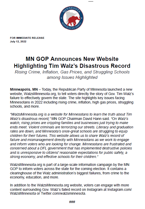 mngop's tweet photo. BREAKING: We’re launching a new website to expose @GovTimWalz’s failed record of crime, rising prices, and struggling schools.

Go follow @walzsminnesota

#mnleg #mnpol

RELEASE: https://t.co/N1FbEalErn