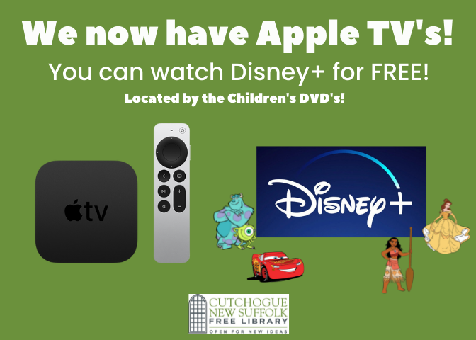 cnsflibrary's tweet photo. We now have Apple TV's available for checking out! Our patrons now have FREE access to Disney+ and other Library streaming services, such as Kanopy and Hoopla with your Library Card. These are available in the Children's Room by the DVD section.

#cutchoguenewsuffolkfreelibrary https://t.co/hKZBOV879h