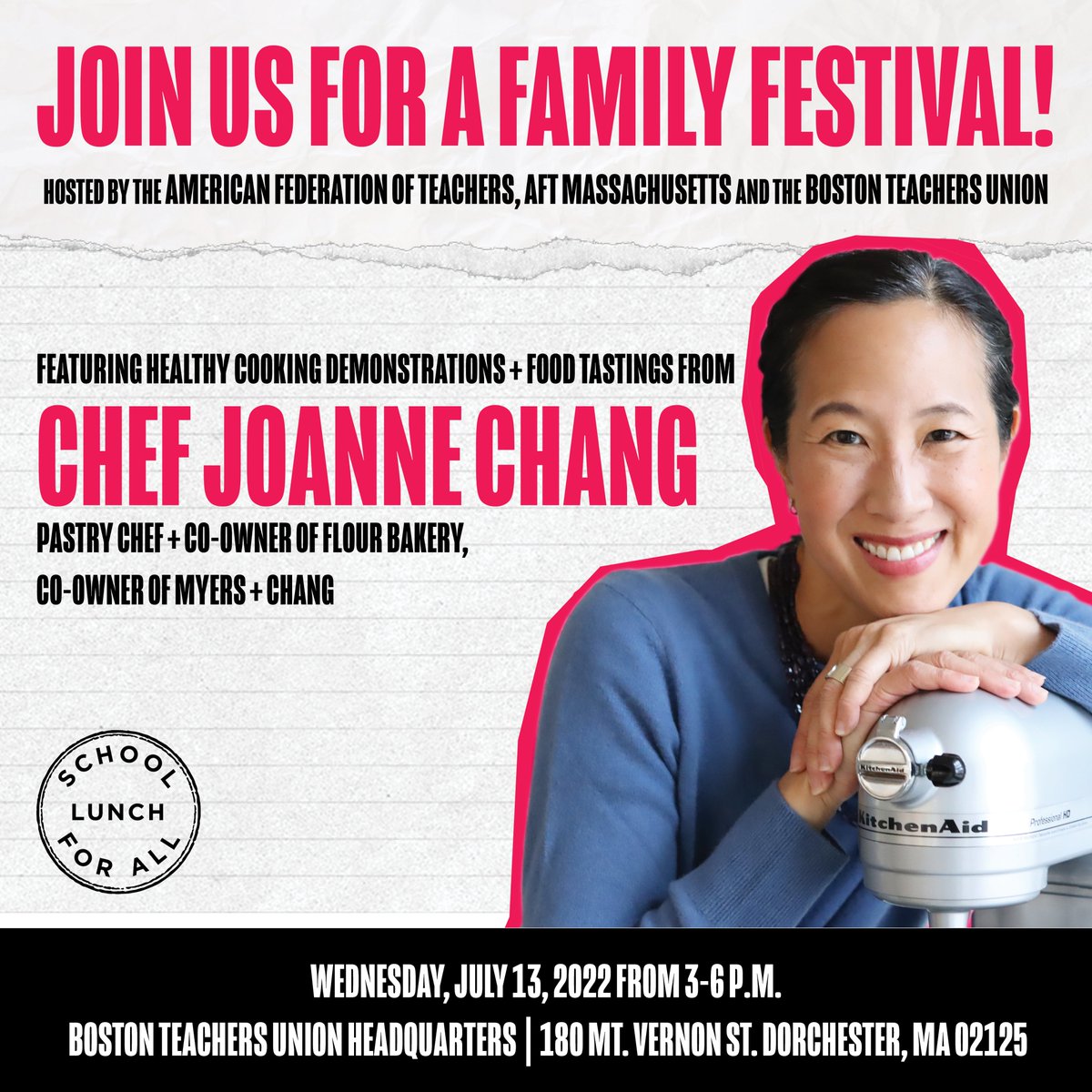 EndLunchDebt's tweet photo. BOSTON: Join us, @aftunion, @AFTMass, Chef Joanne Chang, @thekingdmc &amp; Rubble from @Nickelodeon's @pawpatrol TOMORROW Wednesday, July 13 from 3-6 p.m. for FREE books, food + family-friendly activities!

Learn more: https://t.co/LqNECVYGlJ
#ReclaimOurFuture #SchoolMealsForAll https://t.co/RbjISZpXAR