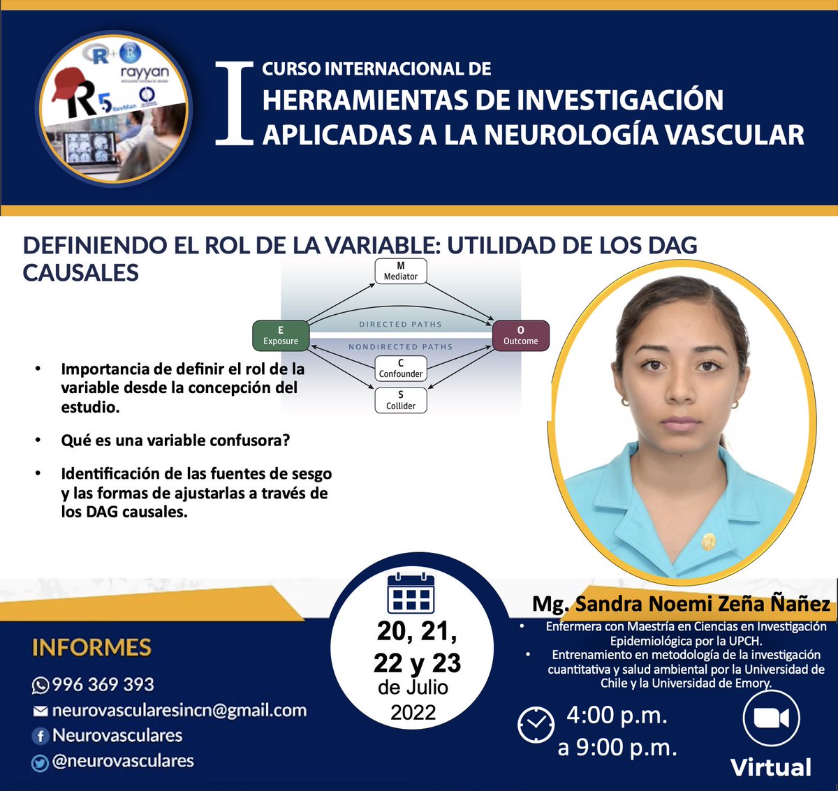 Te invitamos al I CURSO INTERNACIONAL DE HERRAMIENTAS DE INVESTIGACIÓN APLICADAS A LA NEUROLOGÍA VASCULAR, del 20 y 23 de julio, contará con especialistas/expertos en ECV e investigación.
Aquí te presentamos a la Mg. Sandra Noemi Zeña Ñañez.