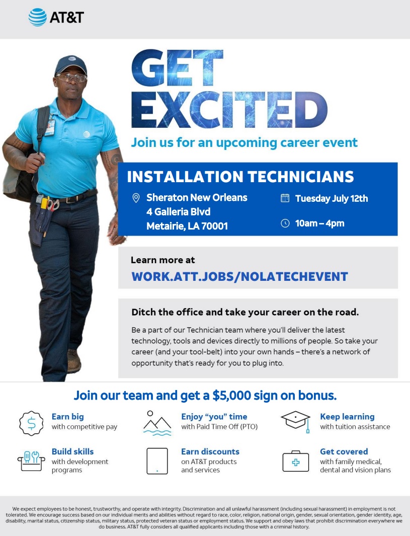 Happening now! We are hiring Installation Technicians in the New Orleans area. Stop by to speak to our hiring team today until 4pm at Sheraton New Orleans. work.att.jobs/NOLATechEvent