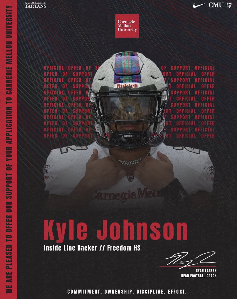 I’m happy to announce that I have received an offer from Carnegie Mellon!!! 
<a href="/CoachGibboney/">Coach Gibboney</a> <a href="/CoachRyanLarsen/">Ryan Larsen</a> <a href="/FHSFBBGGC/">Freedom High School Football Bethlehem, PA</a> <a href="/RoederJason/">Jason Roeder</a>