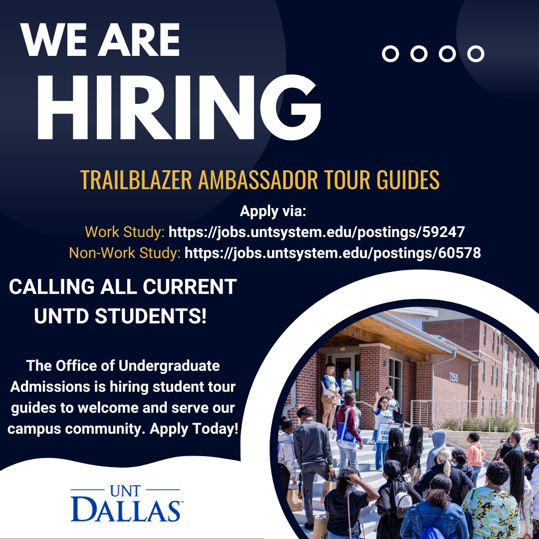 As a Trailblazer Ambassador tour guide, you will welcome prospective and current students &amp; families, represent UNT Dallas, and have fun! 

Apply Today! jobs.untsystem.edu/postings/59247

#TrailblazerAmbassador #UNTDallas #UNTDTours