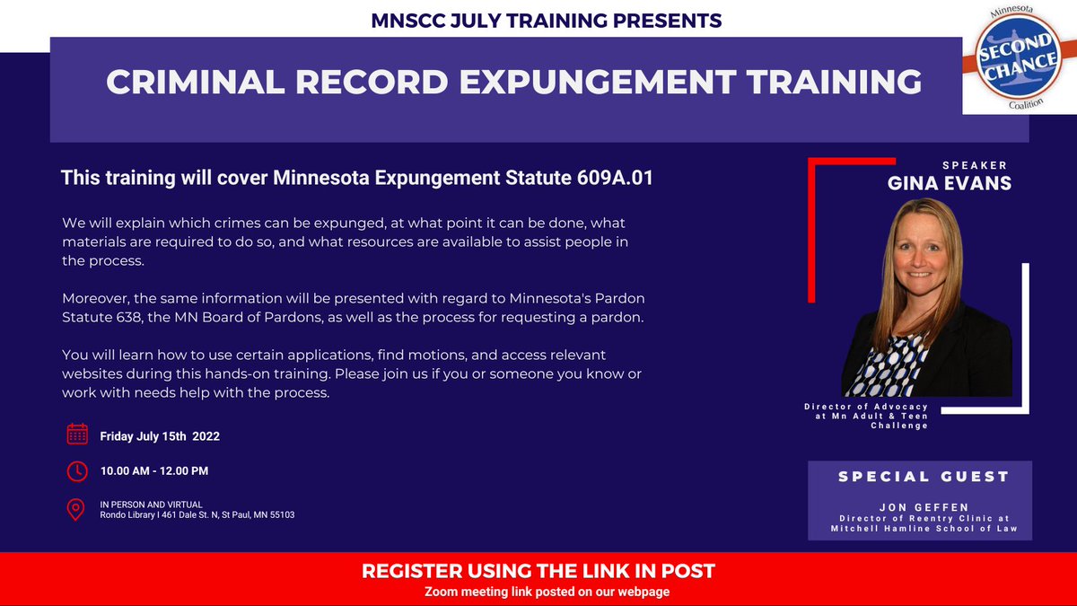 MN2ndChance's tweet photo. Join us for our FREE training event this Friday where you will learn what crimes can be #expunged  and the steps you need to take to make this happen! 

Sign up below; there are still some spots available. 
https://t.co/GD133YhTqT
#TuesdayMotivaton #reentry #training #events https://t.co/sKhdfEVlI8