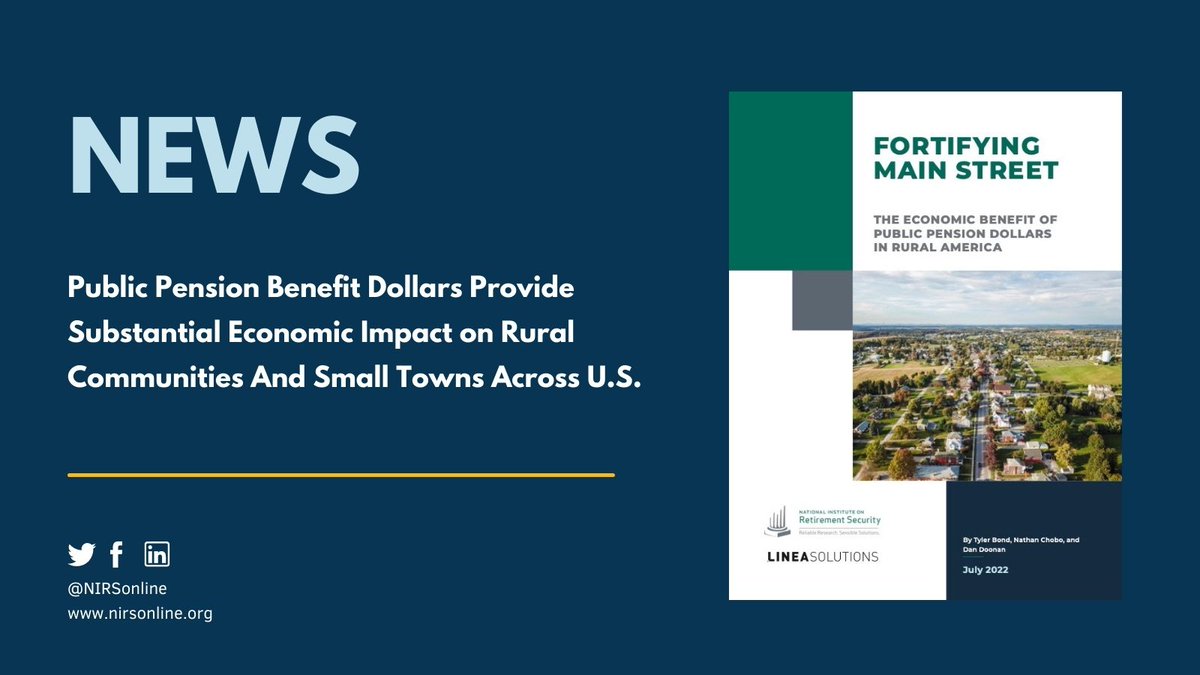 NIRSonline's tweet image. As small towns &amp;amp; rural communities face shrinking populations &amp;amp; economic challenges, a new report finds a positive economic contributor to these communities is dollars from pension plans. 

Report: bit.ly/3uH8tNI
July 14 Webinar: bit.ly/3z2bHhC

#Retirement