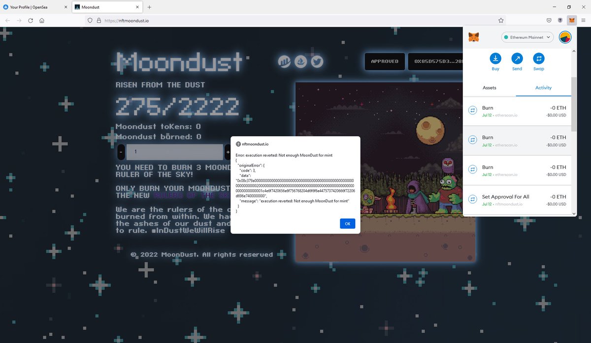 RandomForNow23's tweet photo. @NFTMoondust Done it all and cant mint?? anyone know my next step? much appreciated https://t.co/xer1W8lscr