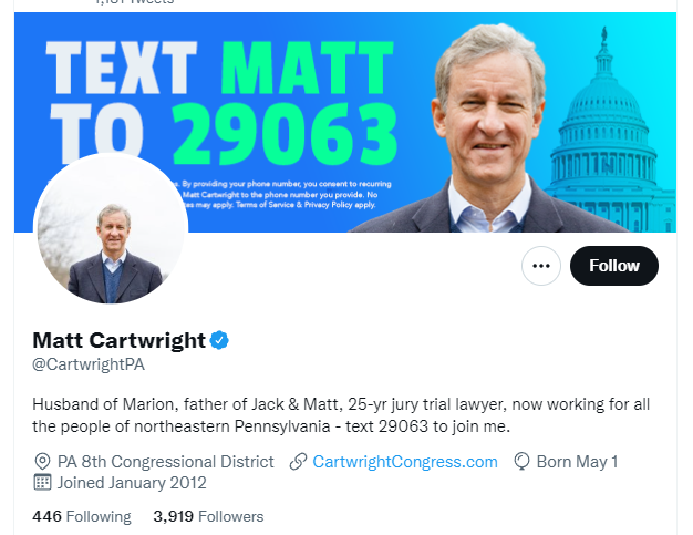 ACTBrigitte's tweet photo. Pennsylvania Congressman Matt Cartwright won't put "Democrat" in his Twitter bio because his district voted for Trump in 2020, but don't let that fool you, he votes with Nancy Pelosi and Joe Biden 100% of the time. https://t.co/eEbEwqxekA