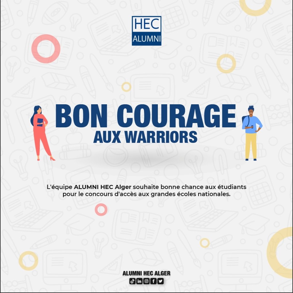 Alumni_hec's tweet photo. En cette veille d’examen du concours d’accès aux grandes écoles nationales, l’ensemble du club ALUMNI HEC Alger tient à vous souhaiter une bonne chance et vous envoie plein d’ondes positives.🙏

Armez-vous de l’esprit can-do et soyez méthodiques.📚

#ALUMNIHECAlger 
#Concours2022 https://t.co/l7vmlIFaVl