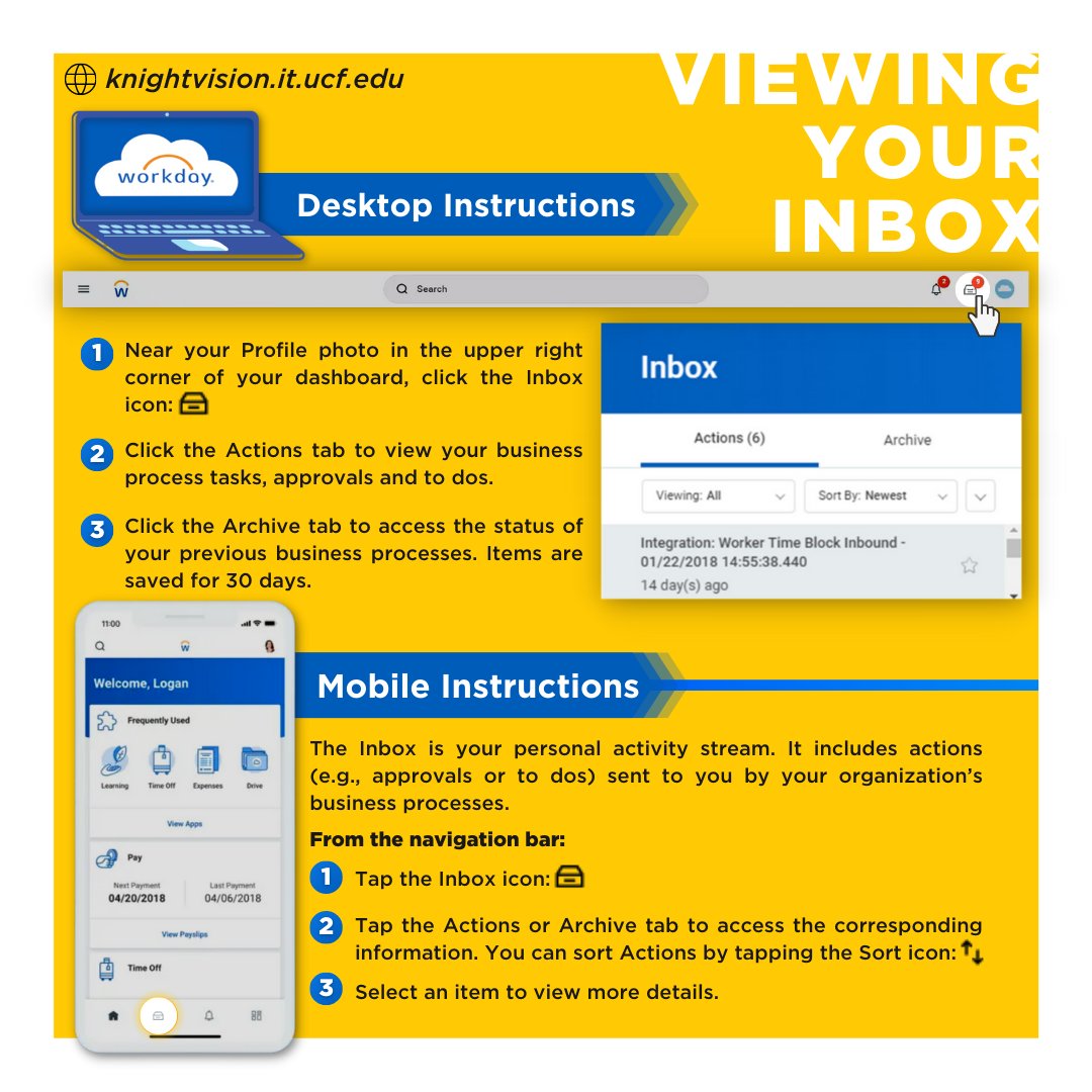 UCFKnightVision's tweet photo. This week's #TechTipTuesday guides you through the process of navigating your #Workday Inbox on both desktop 🖥️ &amp; mobile 📱 devices. ❔Need help❔  Submit a Workday help case or visit https://t.co/V4ewicstOt
▪️
#KnightVision #UCF #UCFIT #UCFStaff #UCFFaculty https://t.co/f7JSm6LmK7