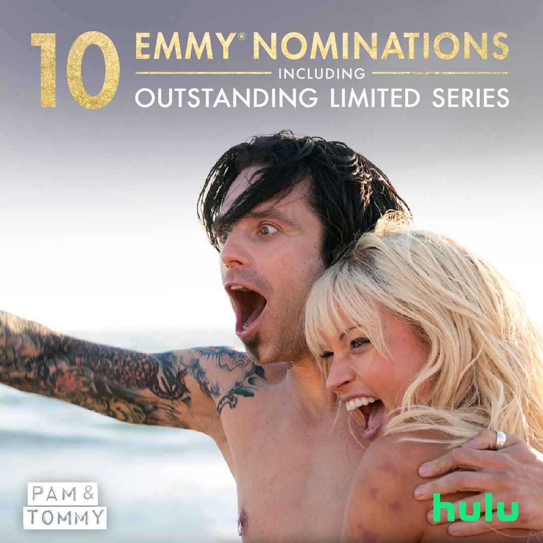 pamandtommy's tweet photo. Pam &amp; Tommy is nominated for 10 Emmys, including Outstanding Limited Series! #Emmys2022 #PamAndTommy https://t.co/B8Zku5F2hj