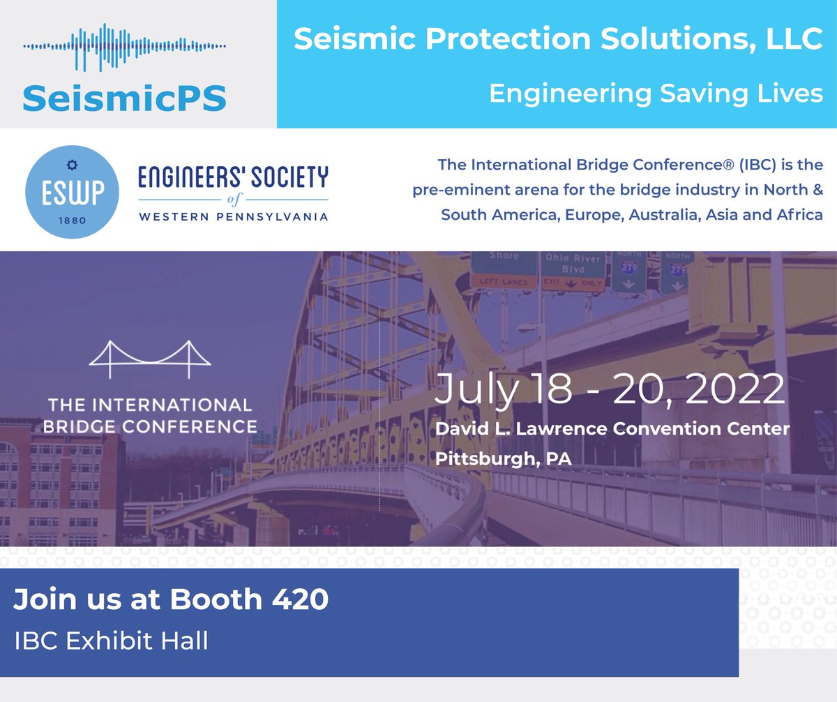 seismic_ps's tweet photo. SeismicPS is proud Exhibitor at the @IntlBridgeConf, organized by the Engineers’ Society of Western Pennsylvania @EngSocWestPA. Meet us at Booth 420.
 
We look forward to seeing you in Pittsburg!

#Engineering_Saving_Lives 
#Ingeniería_Salvando_Vidas
#IntlBridgeConf
#seismicps https://t.co/bLw7MD2ewi