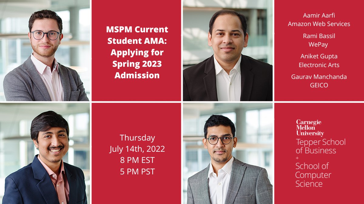 teppercmu's tweet photo. 7/14, 8 PM EST: Ask members of the Class of 2022 anything about the MSPM experience — and get a fee waiver code for your application to join the Class of 2023!
Learn more and sign up at https://t.co/hjgOq20D4J.
#AMA #productmanagement #productmanagerjobs #pmschool #mspm https://t.co/0FtQ8YPxcZ