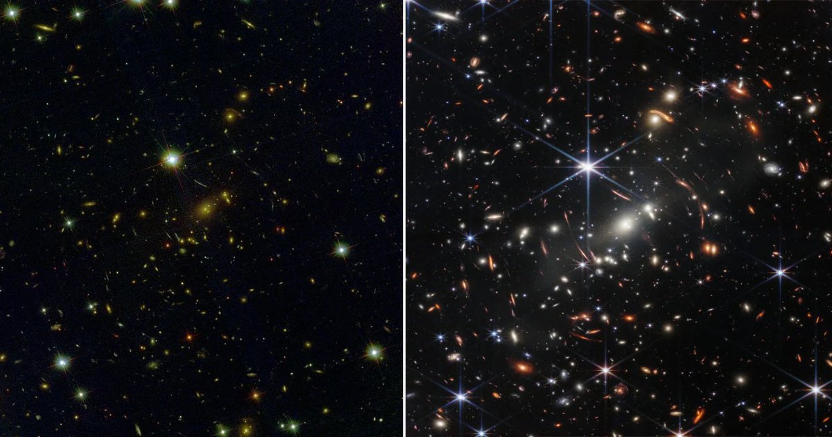 SpaceScience_'s tweet photo. [HISTORIQUE] 🚨 Mini thread des différences entre le telescope Hubble et James Webb 🤩

Notre époque est merveilleuse scientifiquement. 

On commence avec le deep field, 13 milliards d’années lumière pour certaines galaxies concentrées dans la taille d’un grain de sable https://t.co/643cgitl8Q