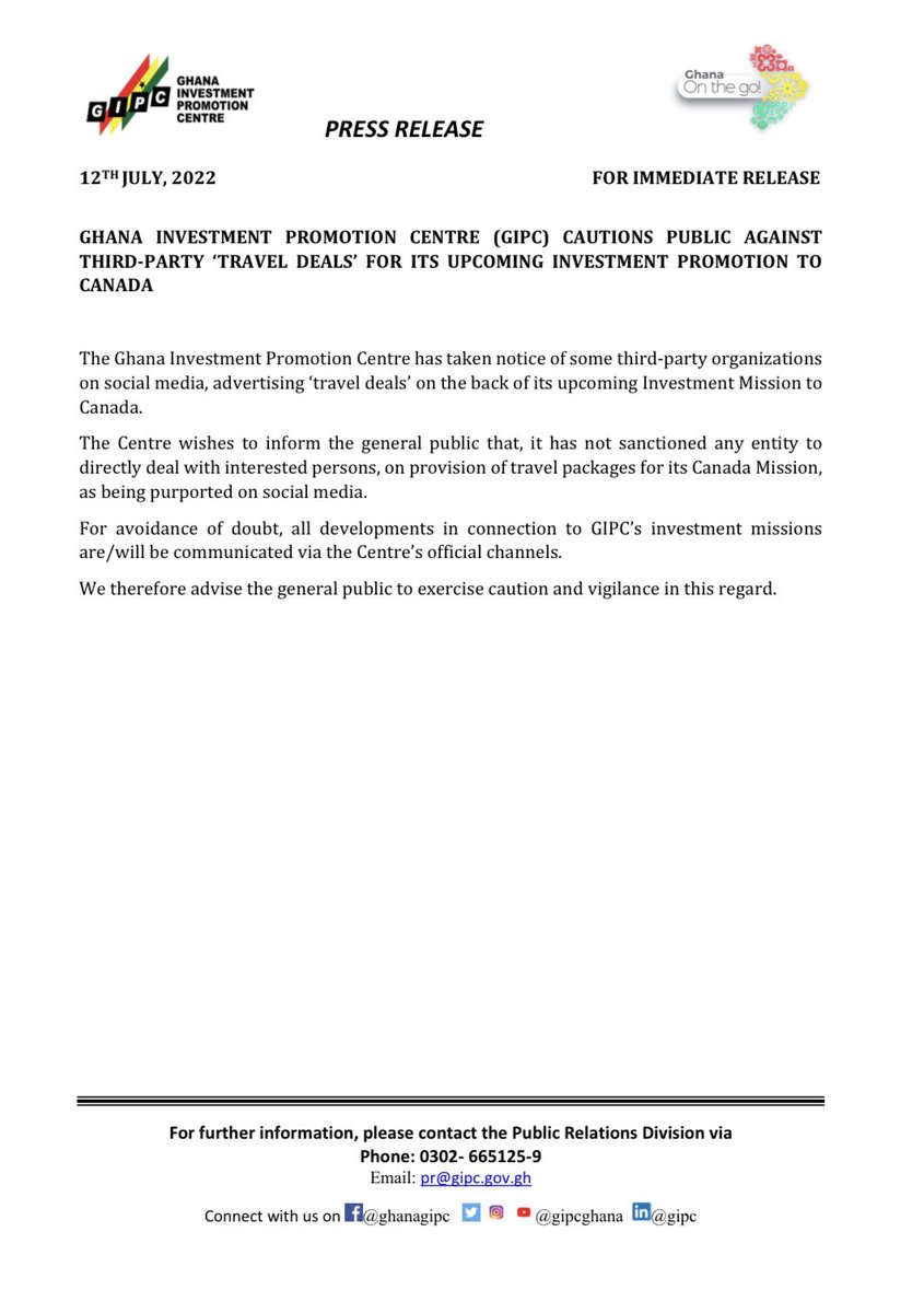 gipcghana's tweet photo. ‼️Kindly note that the GIPC has not authorized any third-party to directly deal with persons interested in our upcoming investment mission to Canada. As such, the public is advised to be vigilant in this regard.

#disclaimer #gipc #diaspora #ghana #canada https://t.co/hQff6z3PVA