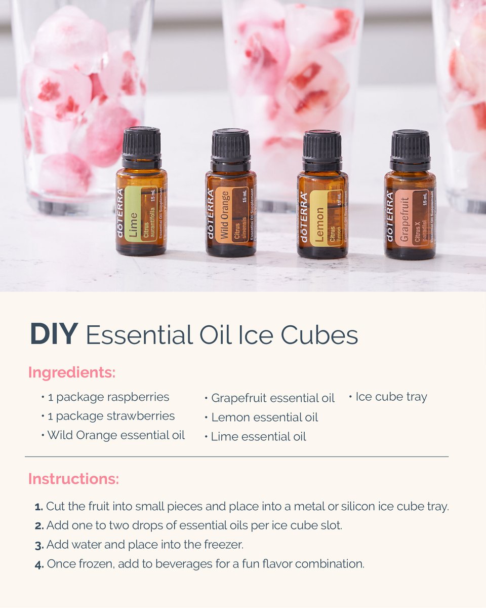 doterra's tweet photo. Add some sparkle to your everyday meals!

You’ll love these beautiful additions to drinks. These ice cubes add an extra burst of flavor. With citrus oils, this DIY is zesty and fresh.

Learn more at https://t.co/Io2ADJE3zg https://t.co/heZdDMpzSd