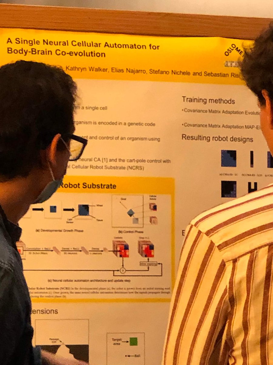 . <a href="/SidneyPontesF/">Sidney Pontes-Filho</a> serving customers at <a href="/GeccoConf/">GECCO 2026</a> poster session, presenting our paper "A single neural cellular automaton for body-brain co-evolution" 🤖🧠 <a href="/risi1979/">Sebastian Risi</a> <a href="/EIiasNajarro/">Elias Najarro</a> <a href="/katt_walker/">Katt Walker</a>. Photo by <a href="/KSNRipon/">Kazi S Nawaz Ripon</a>