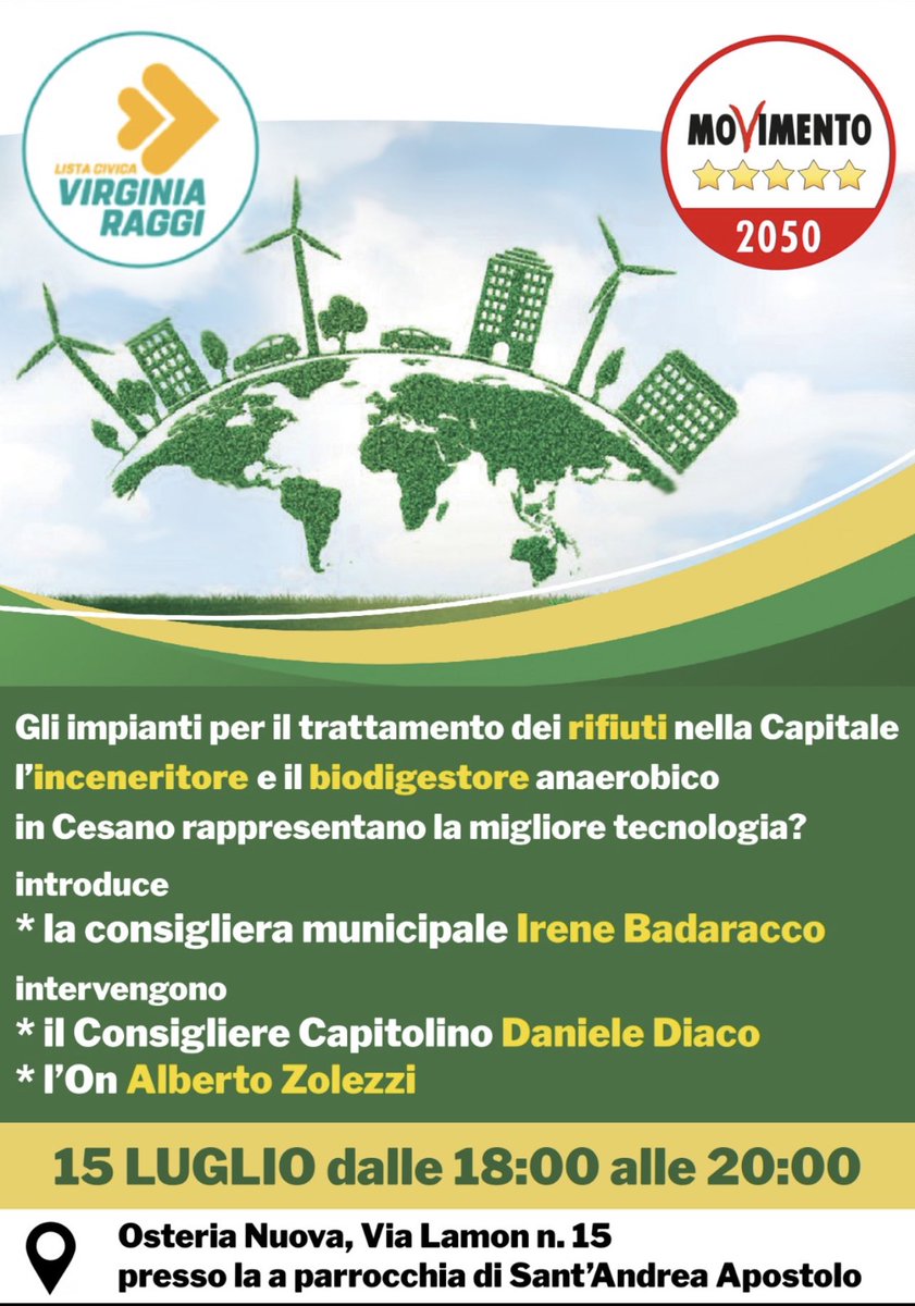Con l’On. Alberto Zolezzi, il Cons. capitolino Daniele Diaco e la Cons. del XV Mun. Irene Badaracco, affronteremo il tema degli: “impianti per il trattamento dei rifiuti nella Capitale: l’inceneritore e il biodigestore anaerobico in Cesano rappresentano la migliore tecnologia?
