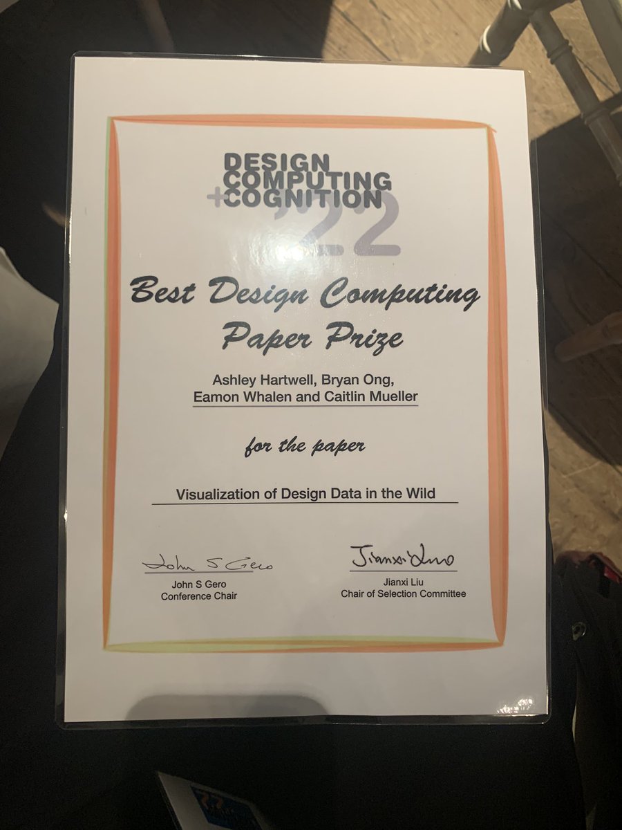 AshleyTheMechE's tweet photo. Thrilled to share that our paper titled ‘Visualization of Design Data in the Wild’ won best Design Computing Paper at #DCC22! It was an honor to present this work and a privilege to hear what others in design are up to 🤓 https://t.co/iIClHivg0J
