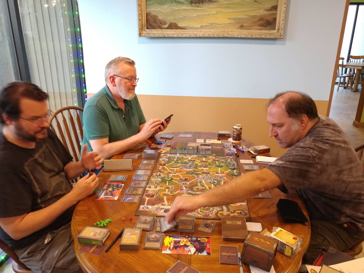 BoardGameBloke's tweet photo. Game 6 of Clank! Legacy last night at the #VCSBG #boardgame meetup at the Angry Ferret in #Moorpark. For the 1st time all 4 got back to the pub. We forgot to name a town during game 4. Ooops. Other #boardgames played included Feed the Kraken, and Nemesis. https://t.co/3Wpn2KnDLR