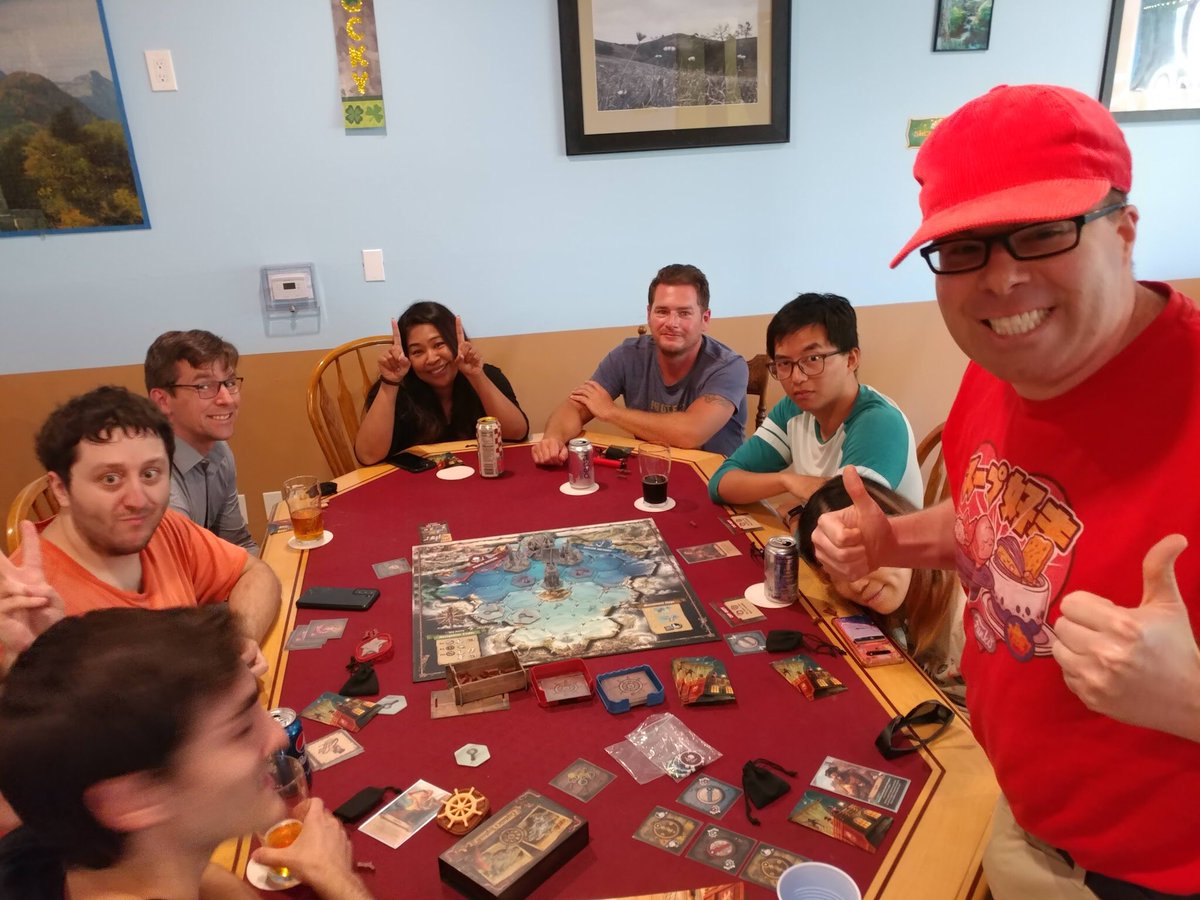 BoardGameBloke's tweet photo. Game 6 of Clank! Legacy last night at the #VCSBG #boardgame meetup at the Angry Ferret in #Moorpark. For the 1st time all 4 got back to the pub. We forgot to name a town during game 4. Ooops. Other #boardgames played included Feed the Kraken, and Nemesis. https://t.co/3Wpn2KnDLR