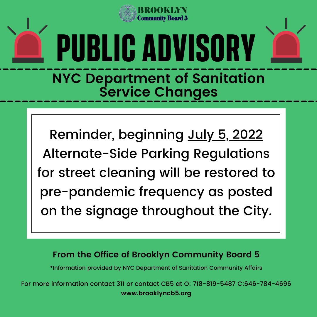 Greetings Community!

Please note the alternate side parking rule update below. This returns the rules back to the pre-pandemic measures. Please be sure to share with your networks.

#BrooklynCB5