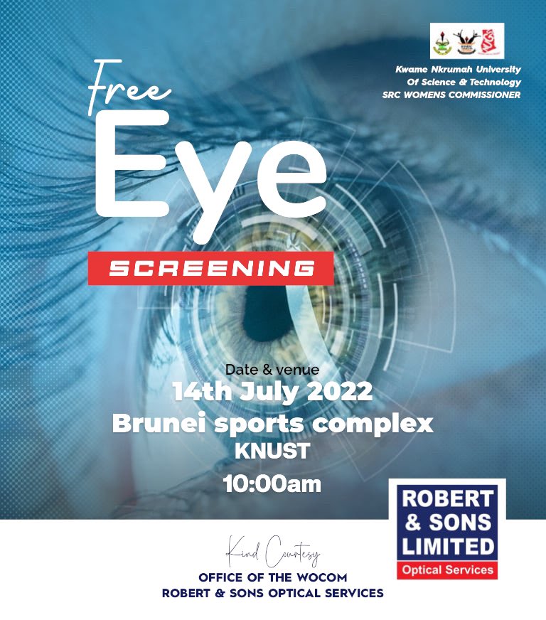 wocom_knust's tweet photo. 🌀 The Office of the SRC/NUGS Women’s Commission wishes to  invite you to a free Eye Screening on Thursday at the Brunei Sports Complex, KNUST. Please come in your numbers to be screened.
Thank you.
@Robertnsonsltd https://t.co/5jZd3nqpup