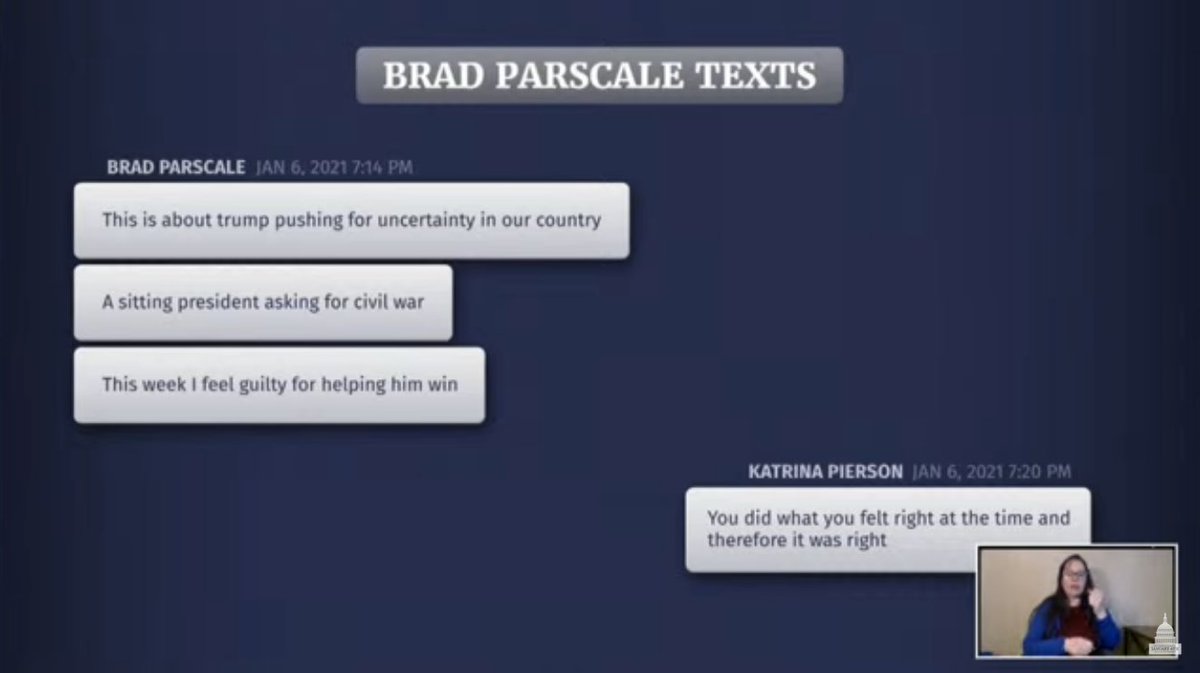Brad Parscale texts to Katrina Pierson:

"A sitting president asking for civil war"

"This week I feel guilty for helping him win"