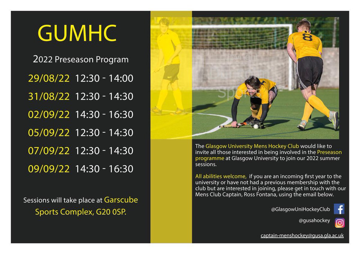 🚨 GUMHC Preseason Dates 🚨

The GUMHC would like to invite all current and any new members to our preseason.

If you are new to the club please contact Ross Fontana at captain-menshockey@gusa.gla.ac.uk for more information and to register for these sessions.