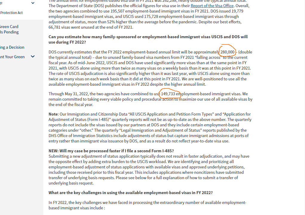 jayw_u's tweet photo. The total employment-based quota for FY 2022 is 280,000. As of May 31, 2022, USCIS &amp; DOS has used up 149,733. 

USCIS still believes that it will use all the available employment-based immigration visas by end of the fiscal year on September 30, 2022. #i485 #i485processingtime https://t.co/QehYEpK3tl