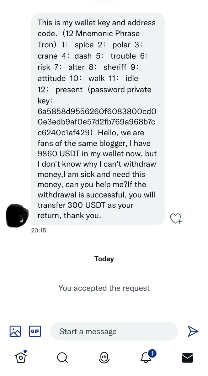 altc01n's tweet photo. 🚨 
Has anybody received this type of #scam DMs lol? 

2/2 So my cousin investigated what this is about. The wallet he had been sent seed for exists with around 1k usdt in it, however you need to send some $trx into the wallet for gas to withdraw

#crypto #altcoins #BeastProjects https://t.co/cEPhRTypTf