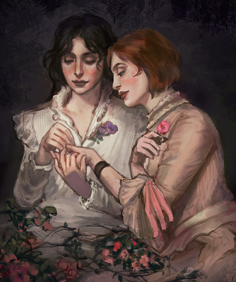a study of A Thorn amidst the Roses by James Sant turned dragon age gay featuring my Warden and Leliana☀️