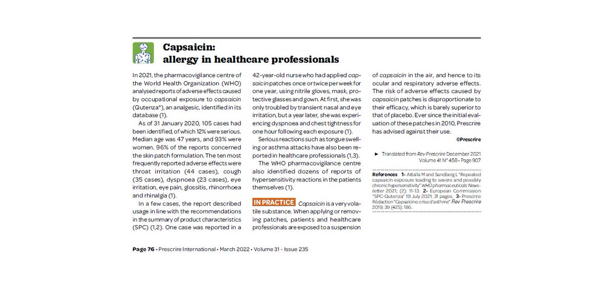 Étienne Schmitt (@emcschmitt) on Twitter photo Capsaicin: allergy in healthcare professionals. When applying and removing patches, patients and caregivers are exposed to airborne capsaicin: one more reason to keep them out of care. Prescrire International 2022; 31 (235) 76. <a href="/PrescrireInt/">Prescrire International</a> Capsaicin: allergy in healthcare professionals. When applying and removing patches, patients and caregivers are exposed to airborne capsaicin: one more reason to keep them out of care. Prescrire International 2022; 31 (235) 76. <a href="/PrescrireInt/">Prescrire International</a>