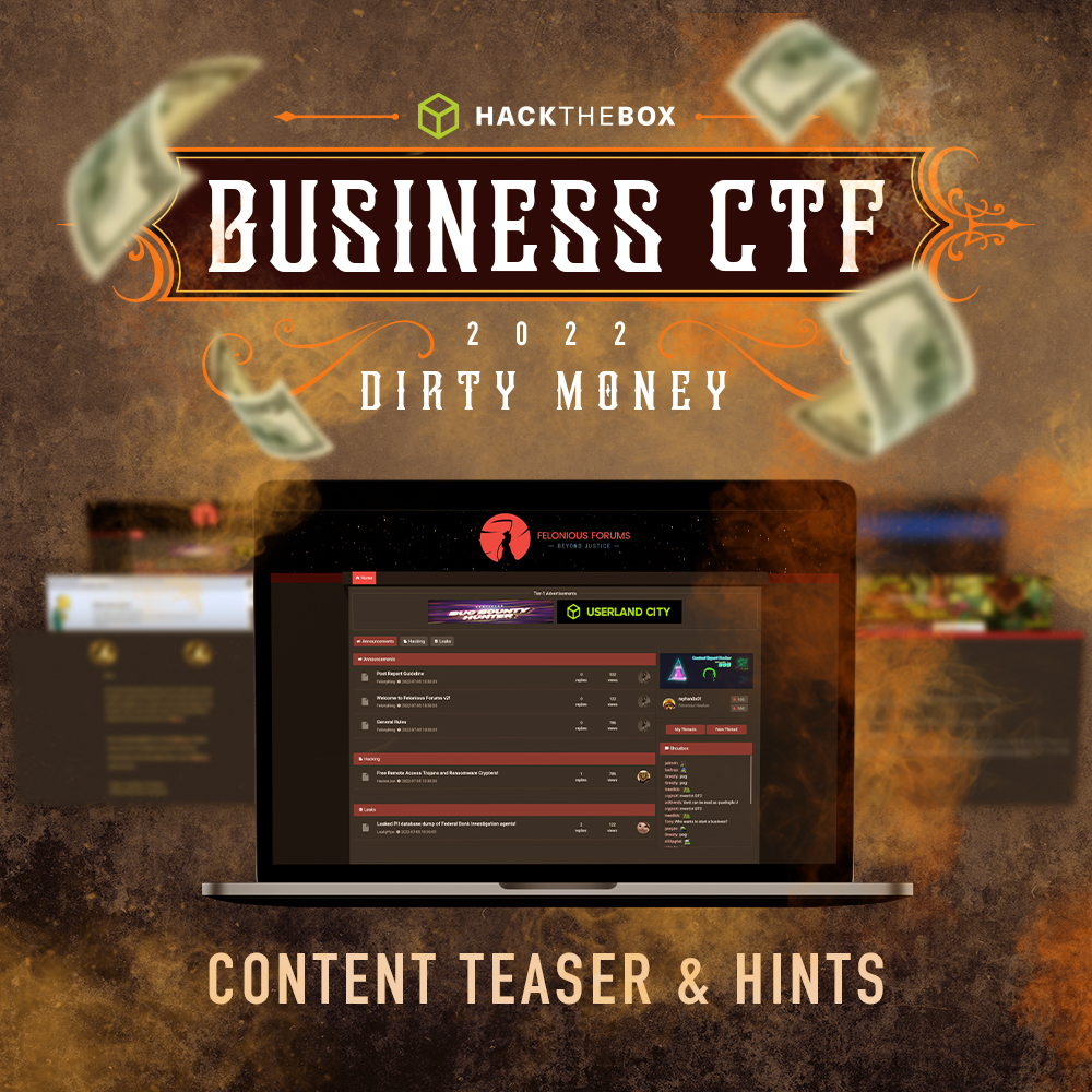hackthebox_eu's tweet photo. Ready for a sneak peek? The content of #BusinessCTF22 is 🔥!
Prepare to follow the dirty money and register here: https://t.co/e5DIL5lGKO
#HTBBusiness #CyberSecurityTraining #CyberSecurity #CaptureTheFlag https://t.co/IOOhe2SYfJ