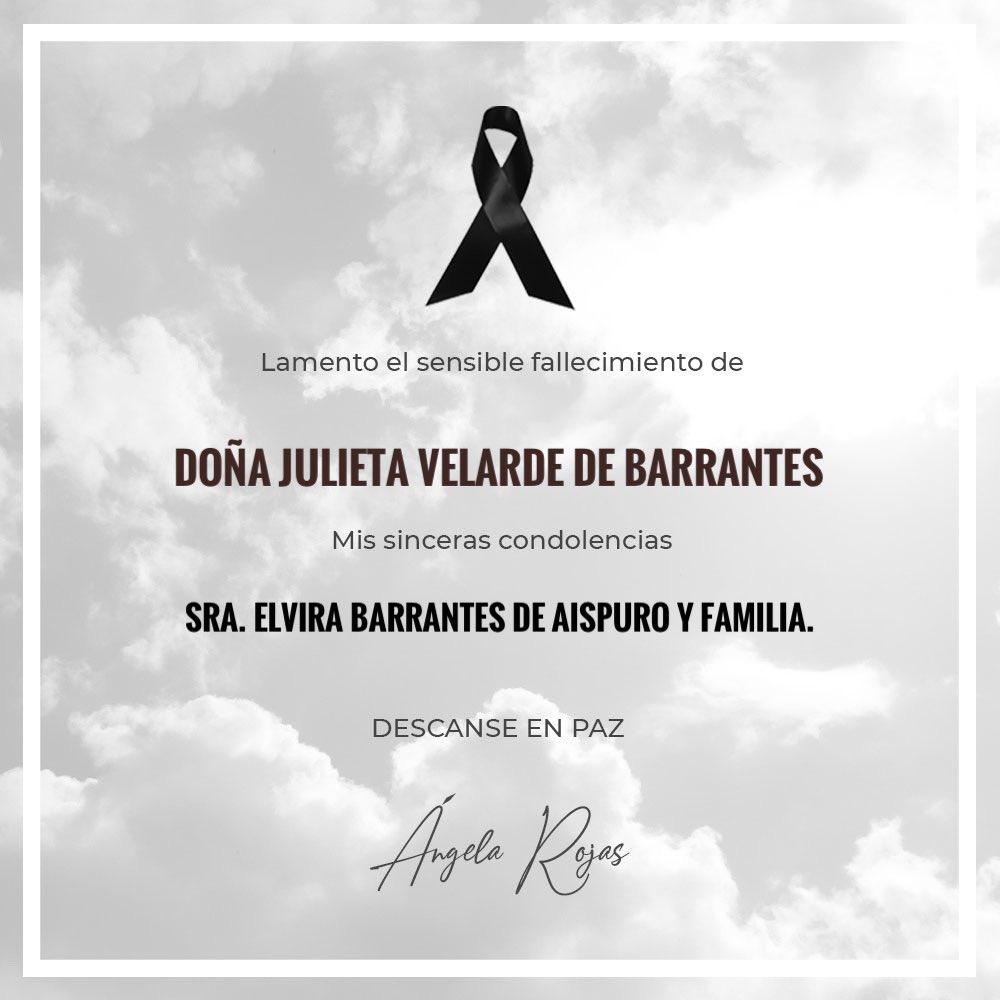 Lamento el sensible fallecimiento de Doña Julieta Velarde de Barrantes, madre de la Sra. Elvira Barrantes de <a href="/AispuroDurango/">José R. Aispuro T.</a>
Mis más sinceras condolencias. Descanse en paz 🕊