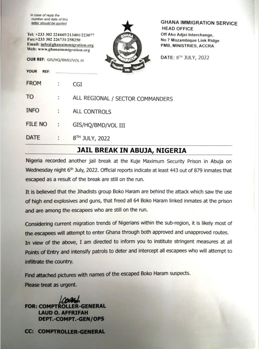 ayemojubar's tweet photo. #KujePrisonBreak: Ghanaian Immigration service have issues directives to all its immigration personnel manning all border and entry posts into Ghana to watch out for escaped Kuje BHaram terrorists &amp; others who may want to sneak into Ghana through approved and unapproved routes. https://t.co/8x9USAMBQH