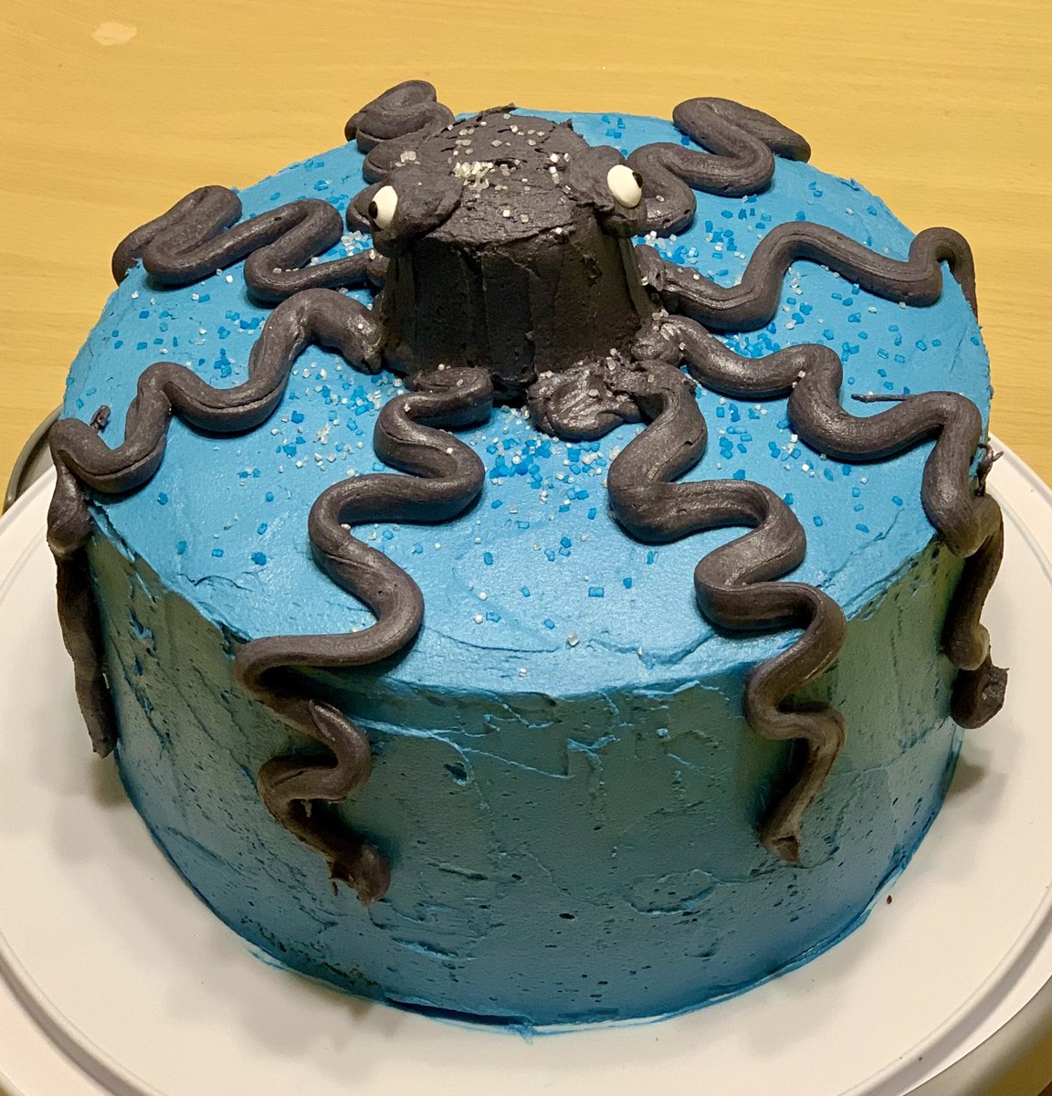 Girls made this cake for their dad’s birthday! It’s a 4 layer chocolate cake with blue buttercream icing. 
.
.
.
#birthdaycake #octopuscake #oceanthemebirthday #fourlayercake #dadbirthday #teensbaking