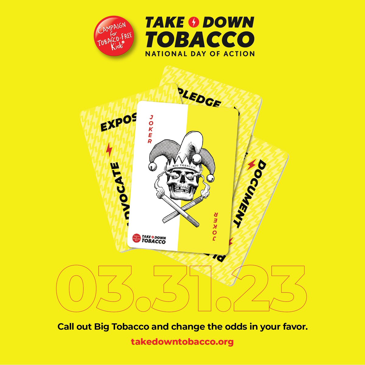 TobaccoFreeKids's tweet photo. Big news! The next #TakeDownTobacco National Day of Action is confirmed for March 31, 2023. Save the date, start planning your event and follow @TakeDownTobacco for the latest updates!
https://t.co/E1N9rffXXO https://t.co/tvRcPLZWfN