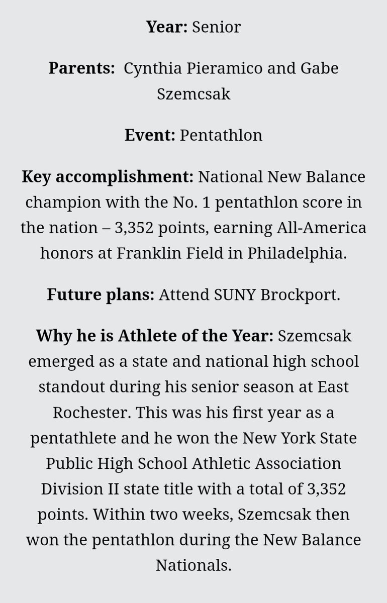 ERBomberstrack's tweet photo. In his FIRST and only season of Spring track, @IanSzemcsak was a NYS Champion, New Balance National Champion, and the top pentathlon athlete in the country. Now- @DandC All Greater Rochester Athlete of the Year! Amazing! @ERBombers @ERUFSD https://t.co/yscOsZufab