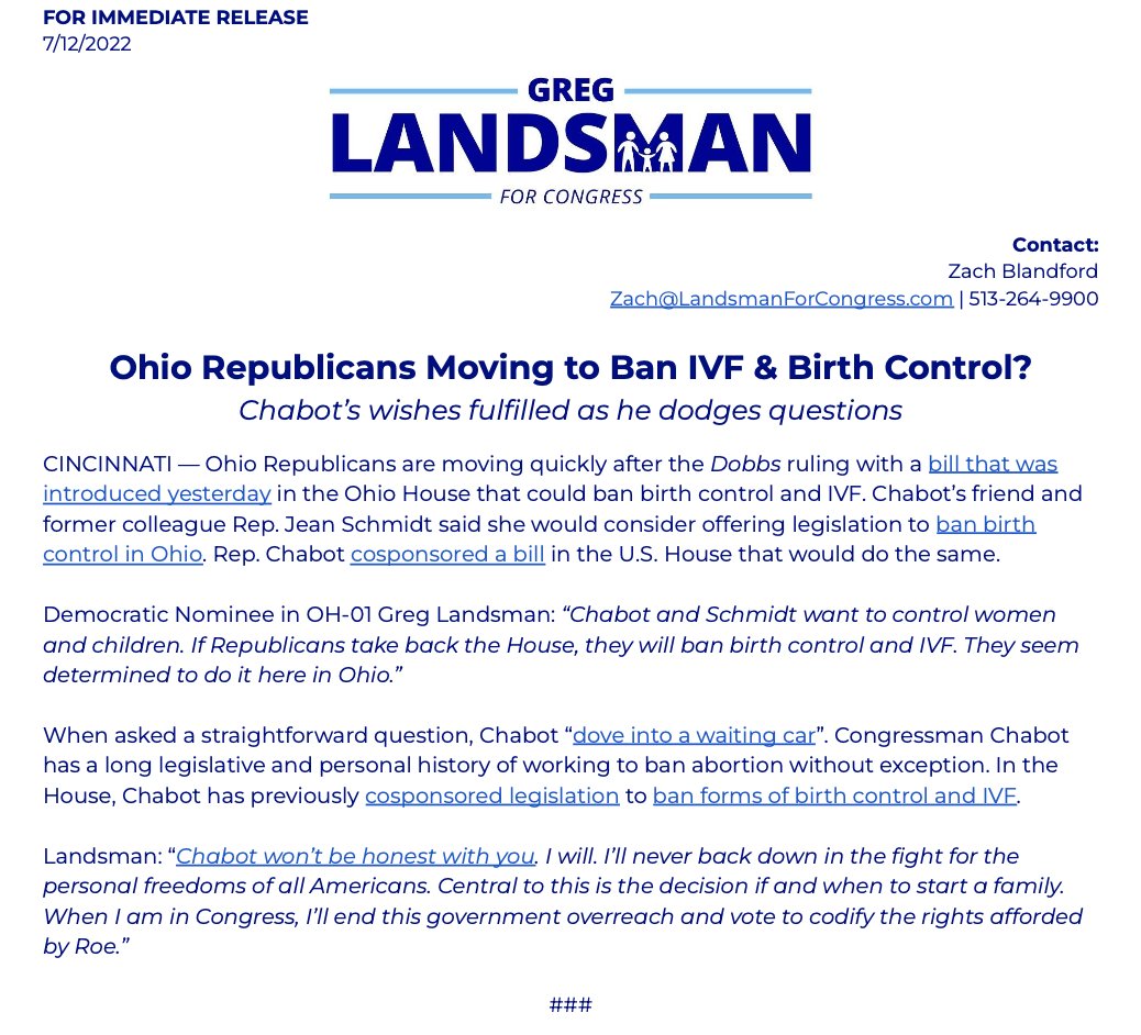 GregLandsman's tweet image. Chabot and other Ohio Republicans are gearing up to ban birth control. We have to stop them in #OH01 before they get that far. My full statement: