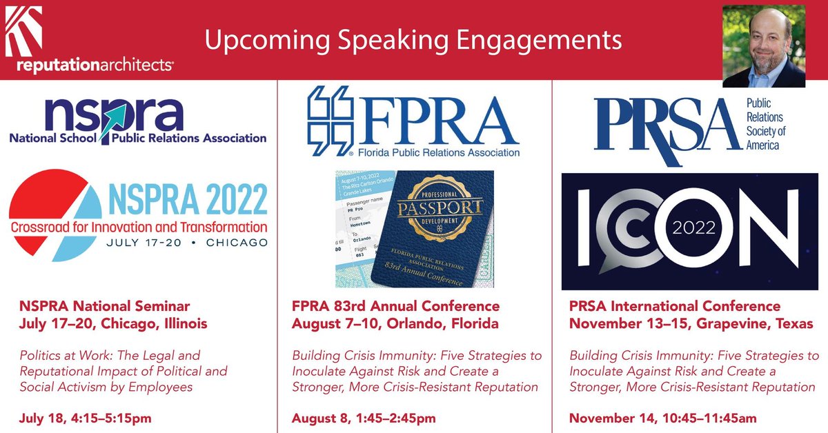 ReputationDoc's tweet image. Look forward to sharing my latest thinking on building #crisis immunity and balancing the #legal and #reputation risks of employee #activism with @NSPRA @FPRA @prsaicon #reputationrisk #riskmanagement #crisismanagement #politicsatwork
