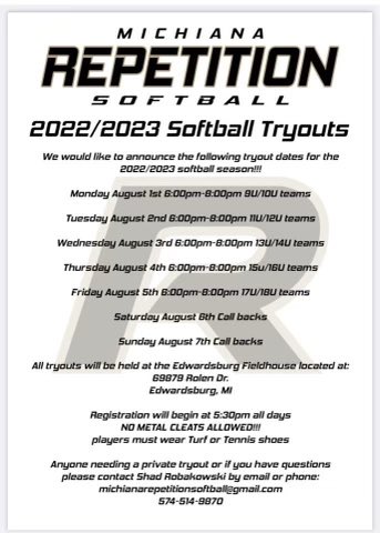 Michiana Repetition 2022-2023 
SOFTBALL TRYOUTS