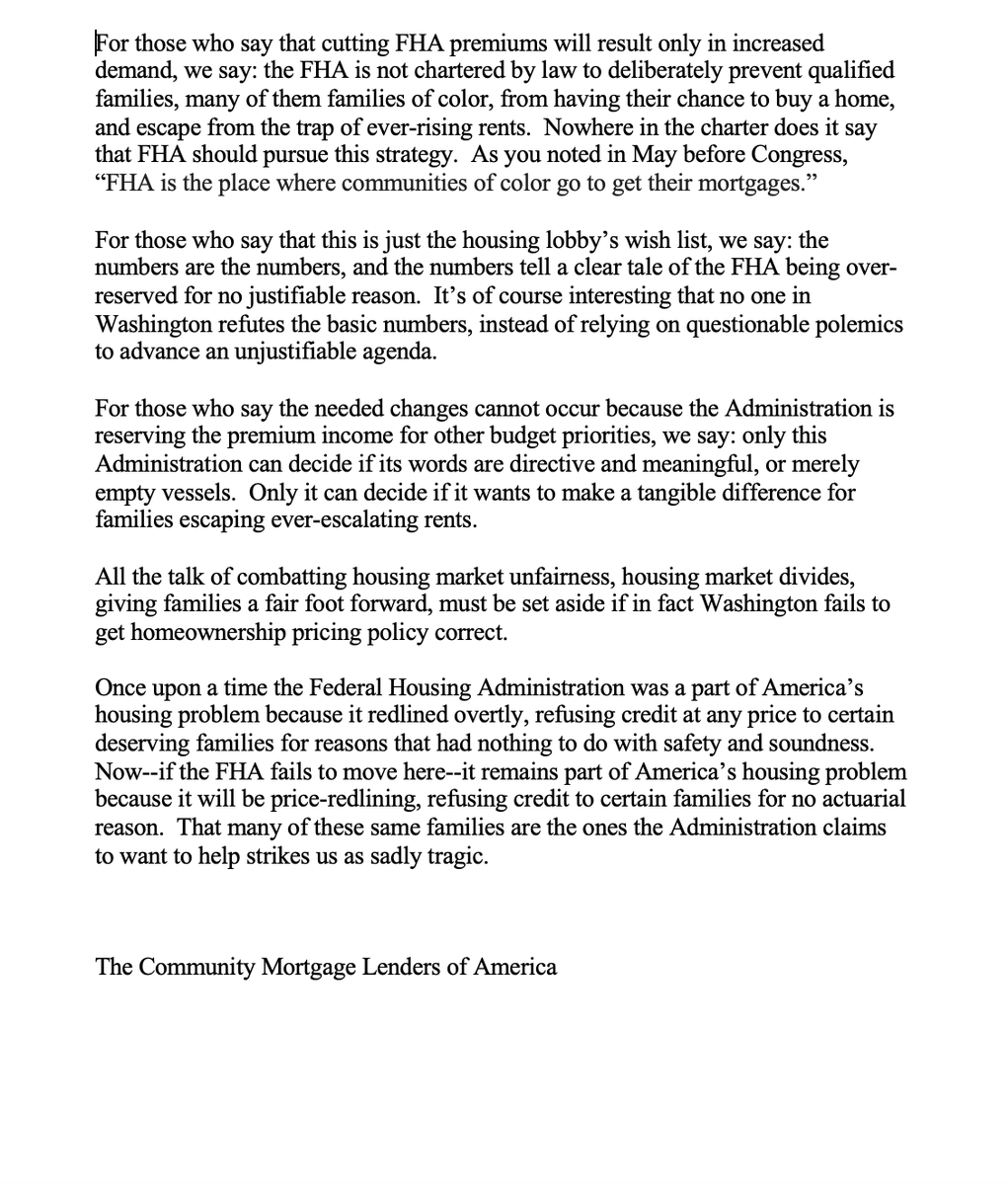 the_CMLA's tweet photo. "it remains part of America’s housing problem because it will be price-redlining, refusing credit to certain families for no actuarial reason.  That many of these same families are the ones the Administration claims to want to help strikes us as sadly tragic." https://t.co/bue4jffjYT
