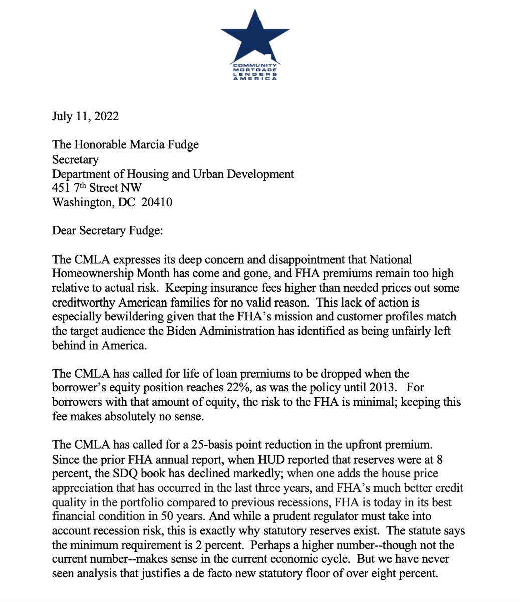 the_CMLA's tweet photo. "it remains part of America’s housing problem because it will be price-redlining, refusing credit to certain families for no actuarial reason.  That many of these same families are the ones the Administration claims to want to help strikes us as sadly tragic." https://t.co/bue4jffjYT