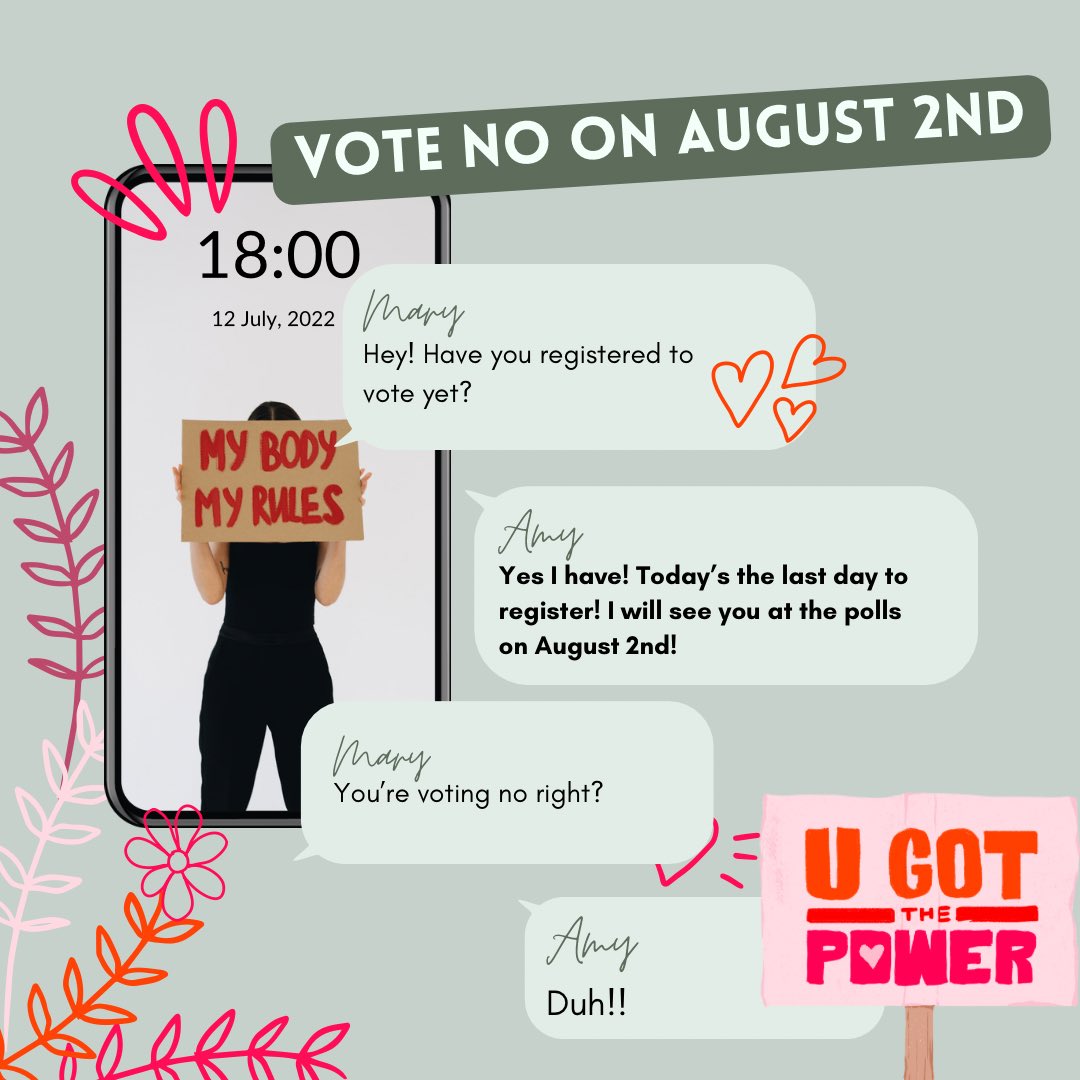 shsMCLA's tweet photo. Today is the last day to register to vote for the primary elections on August 2nd!! If you haven’t registered already, go to https://t.co/pWakMPPqjd right now to register!! If you are already registered, vote no (AGAINST) on August 2nd to protect the health and safety of women!! https://t.co/OdFRBArTAl
