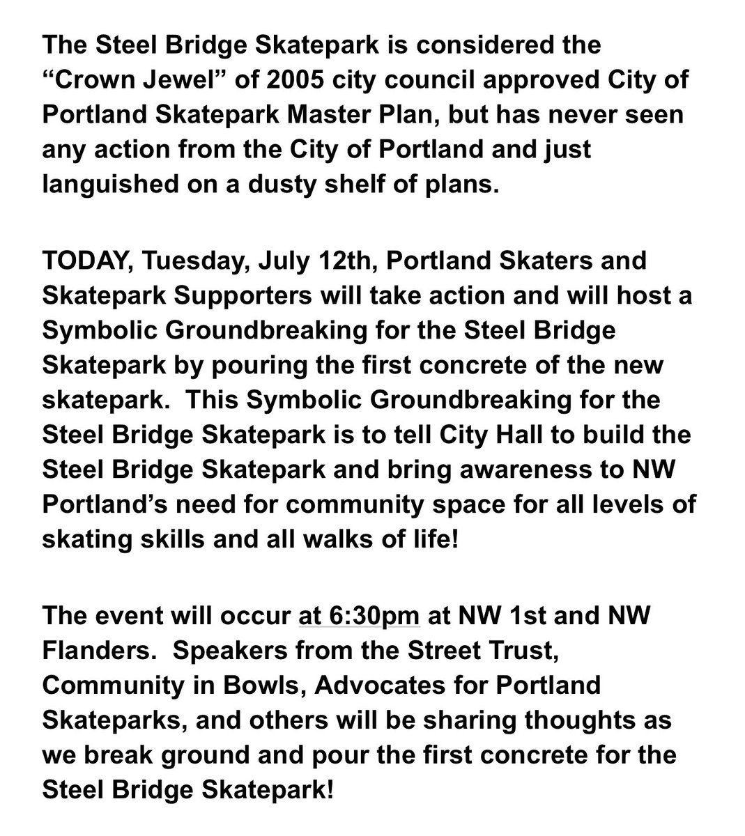 maccoinnich's tweet photo. A symbolic groundbreaking is being held for the Steel Bridge Skatepark https://t.co/XxWAR1t989