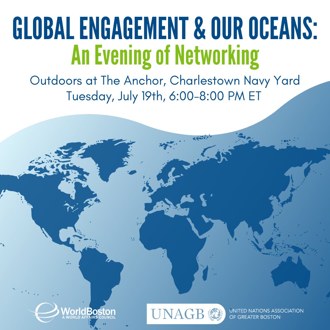We're one week away from Global Engagement & Our Oceans with @UNAGB on July 19th! We've had a lot of interest, so be sure to join the waitlist in case space opens up. Learn more here: worldboston.org/calendar/2022/… (1/2)