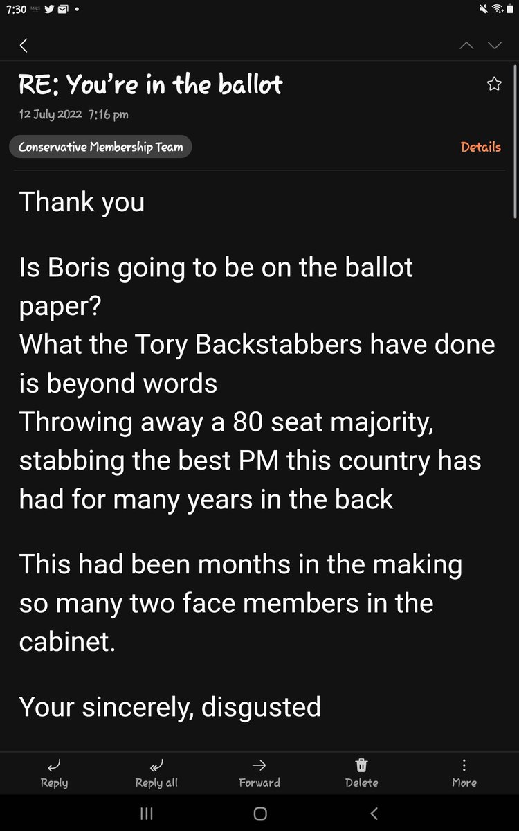 Glo_Thienel's tweet image. Us too. My 82 yr old Hubby never writes an email. His reply to voting email today.
#AlwaysBoris