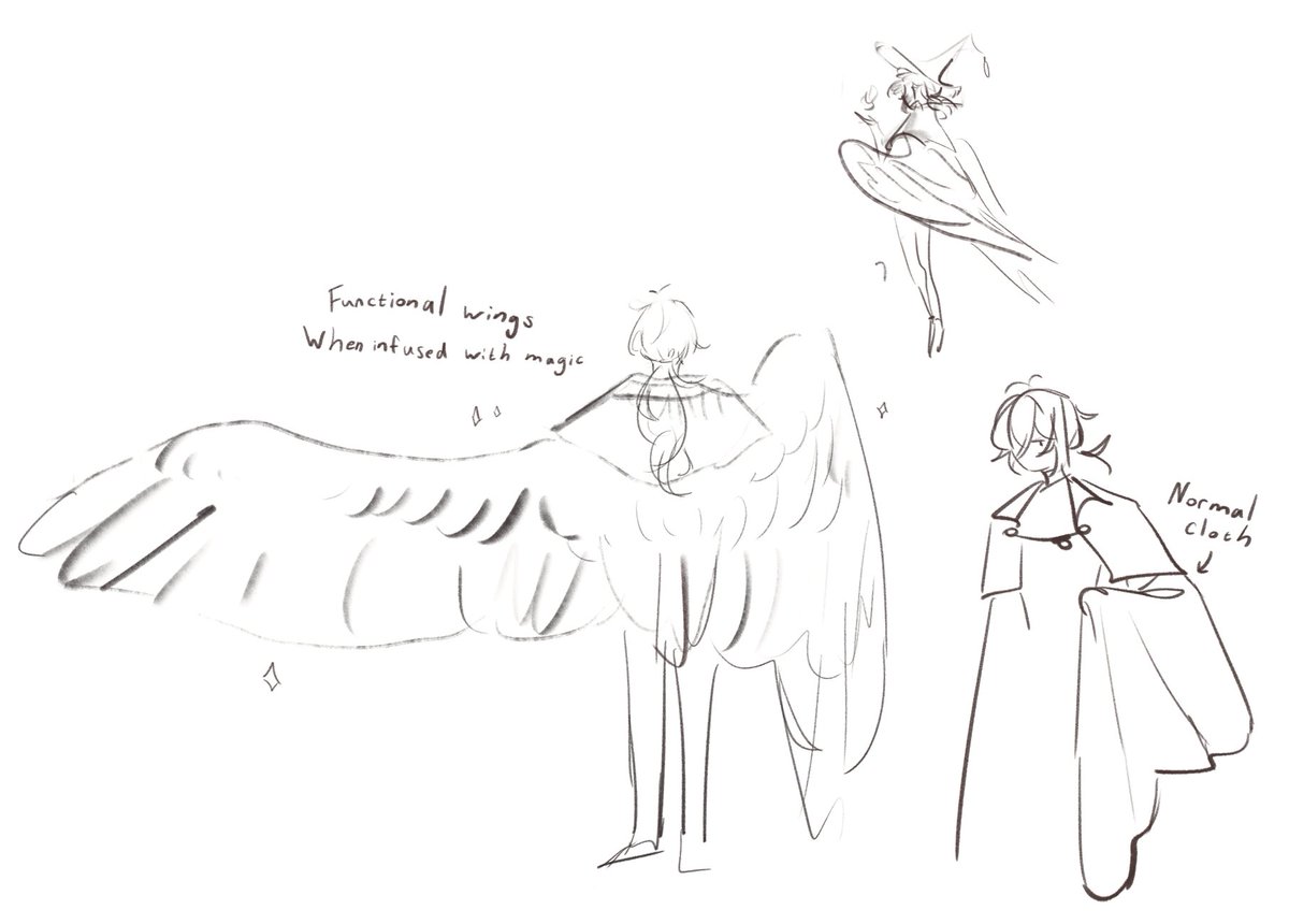 Rough sketches and notes of their costumes! I didn't write it down in the pics below but Lumi's wings are attached to her clothing and armor rather than her body. They can still follow her around as they act more like familiars in a way 