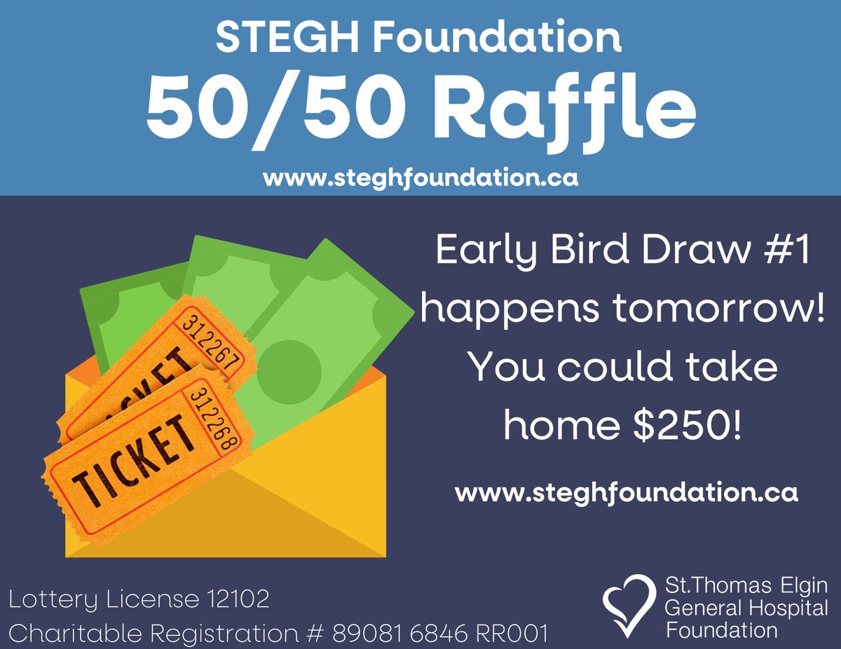 ourSTEGH's tweet photo. TOMORROW, YOU could win $250 cash!
We are so appreciative of your support of patient care here at STEGH. Every time you click, 'purchase,' you're ensuring patient care within your community is top tier.
To buy tickets, click: https://t.co/7iQpxUmx0U
#STEGH #STEGHFoundation https://t.co/w8l11mISsh