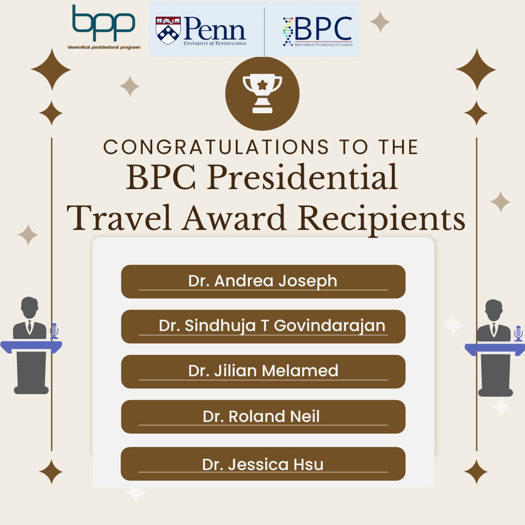 PennPPA's tweet photo. 🌟Congratulations to the summer round of BPC Presidential Travel Award Recipients supported by the BPC and BPP- 

Andrea Joseph
Sindhuja Tirumalai Govindarajan
Jilian Melamed
Roland Neil
Jessica Hsu

More info about the Travel Awards: https://t.co/FZxr7H4rba

#UPennBPC #Postdocs https://t.co/tVE7kpdiCo